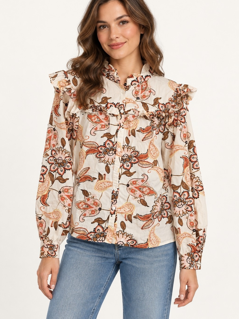 Avara Romantic Paisley Ruffle Button-Front Peasant Blouse Lg